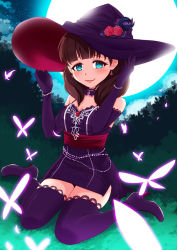 Rule 34 | 10s, 1girl, bad id, bad pixiv id, blue eyes, blush, breasts, brown hair, bug, butterfly, choker, cleavage, elbow gloves, flower, full moon, gloves, glowing, hairband, hat, hat flower, idolmaster, idolmaster cinderella girls, idolmaster cinderella girls starlight stage, bug, looking at viewer, moon, parted lips, sakuma mayu, sash, short hair, sitting, smile, solo, wariza, witch hat, yasuhito