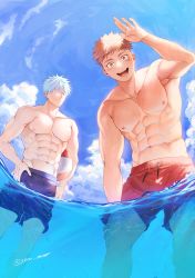 Rule 34 | 2boys, abs, ball, bara, beach, beachball, blue eyes, blue male swimwear, blue sky, blue swim trunks, ccccc (jpn m0), closed mouth, cloud, day, drawstring, from below, gojou satoru, highres, holding, holding ball, holding beachball, itadori yuuji, jujutsu kaisen, large pectorals, looking at viewer, looking down, male focus, male swimwear, multiple boys, muscular, muscular male, navel, nipples, open mouth, orange eyes, outdoors, partially submerged, pectorals, pink hair, red male swimwear, red swim trunks, short hair, signature, sky, smile, summer, swim trunks, swimsuit, teeth, topless male, water, wet, white hair