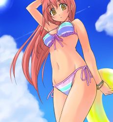 Rule 34 | 1girl, :o, aircraft, airplane, bikini, blush, bracelet, breasts, cloud, contrail, covered erect nipples, day, front-tie top, innertube, itoji, jet, jewelry, long hair, looking at viewer, medium breasts, multicolored stripes, original, pink hair, side-tie bikini bottom, sky, solo, striped bikini, striped clothes, swim ring, swimsuit, yellow eyes