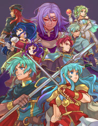 4girls 5boys absurdres armor artist_name blue_eyes blue_hair bow_(weapon) circlet commentary dragon_wings eirika_(fire_emblem) english_commentary ephraim_(fire_emblem) fingerless_gloves fire_emblem fire_emblem:_the_sacred_stones gloves green_eyes green_hair hat highres holding holding_bow_(weapon) holding_polearm holding_staff holding_sword holding_weapon innes_(fire_emblem) joshua_(fire_emblem) l&#039;arachel_(fire_emblem) larachelle long_hair lyon_(fire_emblem) medium_hair multiple_boys multiple_girls myrrh_(fire_emblem) nintendo polearm purple_hair red_eyes red_hair seth_(fire_emblem) short_hair staff sword tana_(fire_emblem) weapon wings