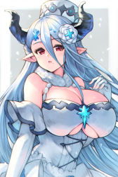 Rule 34 | 1girl, :o, bad id, bad pixiv id, bare shoulders, blue hair, blush, breasts, cleavage, clothing cutout, draph, dress, elbow gloves, flower, fur collar, gloves, granblue fantasy, grey background, hair between eyes, hair flower, hair ornament, highres, horns, izmir, koretsuki azuma, large breasts, looking at viewer, mole, mole under eye, open mouth, outside border, pointy ears, red eyes, simple background, skindentation, solo, underboob, underboob cutout, upper body, white dress, white flower, white gloves, white headwear
