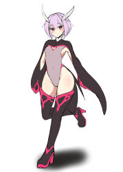 Rule 34 | 1girl, antennae, blush, boots, breasts, cleavage cutout, closed mouth, clothing cutout, commentary, covered navel, cowfee, english commentary, full body, arthropod girl, leotard, long sleeves, mayu (kaafi), moth girl, original, pink hair, red eyes, short hair, simple background, sleeves past wrists, small breasts, smile, solo, standing, standing on one leg, thigh boots, thighhighs, walking, white background, wide sleeves