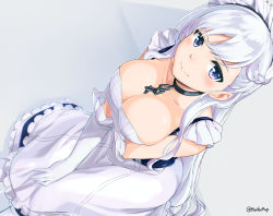 Rule 34 | 1girl, apron, azur lane, belfast (azur lane), blue eyes, blush, braid, breasts, chain, cleavage, collar, commentary request, elbow gloves, french braid, frilled apron, frilled gloves, frills, gloves, large breasts, long hair, looking up, maid, maid apron, maid headdress, murio, silver hair, smile, solo, white apron, white gloves