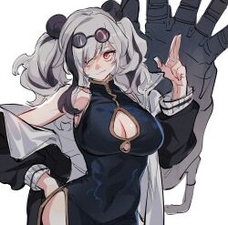 Rule 34 | 1girl, animal ears, arknights, black dress, black hair, black jacket, breasts, china dress, chinese clothes, cleavage, cleavage cutout, clothing cutout, cowboy shot, dress, eyewear on head, feater (arknights), glasses, hair over one eye, hand gesture, hand on own hip, jacket, large breasts, long hair, looking at viewer, multicolored hair, off shoulder, open clothes, open jacket, panda ears, red eyes, round eyewear, side slit, simple background, sleeveless, sleeveless dress, solo, streaked hair, sunglasses, towtow redoland, twintails, white background, white hair