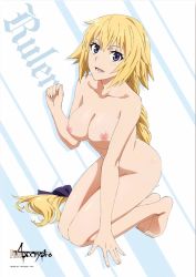 Rule 34 | 1girl, :d, barefoot, black bow, blonde hair, blush, bow, braid, breasts, character name, collarbone, completely nude, copyright name, fate/apocrypha, fate (series), female focus, full body, hair bow, highres, jeanne d&#039;arc (fate), jeanne d&#039;arc (ruler) (fate), kneeling, legs together, long hair, looking at viewer, medium breasts, nipples, nude, nude filter, open mouth, purple eyes, scan, shiny skin, single braid, smile, solo, tareme, thighs, third-party edit, very long hair