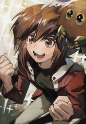 Rule 34 | 1boy, aoki (fumomo), black shirt, brown eyes, bush, clenched hands, creature, duel academy uniform (yu-gi-oh! gx), excited, feet out of frame, flying, from above, hair between eyes, highres, jacket, long sleeves, male focus, multicolored hair, open mouth, red jacket, shirt, short hair, two-tone hair, winged kuriboh, yu-gi-oh!, yu-gi-oh! gx, yuki judai