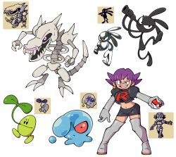 Rule 34 | 1girl, :d, black eyes, black skirt, blunt bangs, breasts, claws, commentary, creature, creatures (company), earrings, english commentary, evil smile, fangs, full body, game freak, highres, holding, holding poke ball, jewelry, jumping, legs apart, looking at viewer, may98 pokemon 300 (flautist), may98 pokemon 401 (xenomorph), midriff, miniskirt, mitei01 (sunkern), navel, nintendo, open mouth, poke ball, poke ball (basic), pokemon, pokemon (creature), pokemon gsc, pokemon gsc (prototype), prototype design, purple eyes, red eyes, sharp teeth, shenanimation, short hair, simple background, skeleton, skirt, small breasts, smile, sprite, standing, team rocket, team rocket grunt, team rocket uniform, teeth, uniform, walking, white background, white footwear