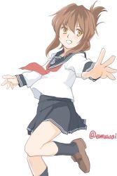 Rule 34 | 1girl, anchor symbol, black sailor collar, black skirt, black socks, brown eyes, brown footwear, brown hair, emuwai, feet out of frame, folded ponytail, inazuma (kancolle), kantai collection, loafers, neckerchief, one-hour drawing challenge, pleated skirt, red neckerchief, sailor collar, sailor shirt, school uniform, serafuku, shirt, shoes, simple background, skirt, socks, solo, white background, white shirt