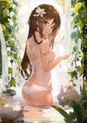 Rule 34 | 1girl, absurdres, ass, babydoll, bare shoulders, blurry, breasts, brown eyes, brown hair, butt crack, cross, flower, hair flower, hair ornament, highres, holding, jewelry, leaf, long hair, looking at viewer, looking back, medium breasts, nature, omelet tomato, original, outdoors, panties, parted lips, partially submerged, scan, simple background, sleeveless, solo, thighs, underwear, wading, water, water drop, waterfall, wet, white panties