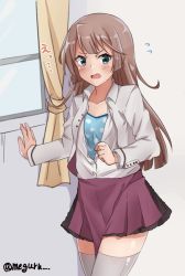Rule 34 | 1girl, blazer, blue camisole, brown hair, camisole, cloud print, commentary request, cowboy shot, curtains, green eyes, grey background, grey thighhighs, hair ribbon, jacket, kantai collection, kazagumo (kancolle), kazagumo kai ni (kancolle), long hair, looking at viewer, meguru (megurunn), open clothes, ponytail, ribbon, school uniform, shirt, solo, thighhighs, white shirt, window