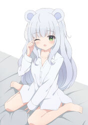 Rule 34 | 1girl, :o, ahoge, animal ears, barefoot, blunt bangs, blush, collarbone, collared shirt, commission, dot nose, full body, green eyes, grey hair, hand up, highres, long hair, long sleeves, looking at viewer, mouse ears, mouse girl, no pants, on bed, one eye closed, open mouth, original, partially unbuttoned, raised eyebrows, rubbing eyes, shirt, sidelocks, sitting, skeb commission, sleepy, sleeve cuffs, solo, straight hair, tyakomes, wariza, white shirt