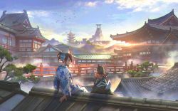 Rule 34 | 1girl, animal, architecture, back bow, black hair, bow, clothed animal, commentary request, day, dog, east asian architecture, flower, hair flower, hair ornament, japanese clothes, kimono, long sleeves, looking at animal, on roof, original, outdoors, pagoda, ponytail, sheath, sheathed, shoichi (ekakijin), sitting, sitting on roof, solo, torii, tree, white kimono