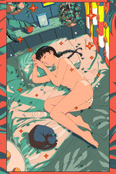 Rule 34 | 1girl, aorkgk, ass, barefoot, bed, bedroom, black cat, black hair, blunt bangs, border, braid, breasts, cat, closed eyes, curtains, flat color, flower, food, fruit, full body, hanging plant, highres, indoors, leaf, ligne claire, long hair, lying, on bed, on side, open mouth, orange (fruit), original, panties, picture frame, pillow, pin, plant, polka dot, polka dot panties, potted plant, revision, sleeping, small breasts, solo, topless, twin braids, underwear, underwear only