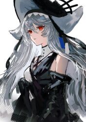 Rule 34 | 1girl, absurdres, arknights, black dress, black headwear, breasts, clothing cutout, dress, gawako, grey hair, high collar, highres, long hair, looking at viewer, medium breasts, pointy hat, red eyes, shoulder strap, solo, specter (arknights), two-tone dress, upper body, white dress