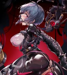 Rule 34 | 1girl, anal, ass, back, ball gag, bdsm, bondage, bondage outfit, bound, breasts, dildo, gag, grey hair, honkai (series), honkai impact 3rd, large breasts, long sleeves, looking at viewer, looking back, machine, paid reward available, raven (honkai impact), red background, red eyes, saliva, sex toy, short hair, solo, sweat, wiffle gag, zomzomzomsauce