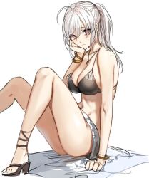 Rule 34 | 1girl, ahoge, arm support, ass, bangle, bare shoulders, bikini, bikini top only, black bikini, bottomless, bracelet, breasts, cleavage, closed mouth, collarbone, hand up, high heels, highres, jewelry, knees up, large breasts, long hair, looking at viewer, mole, mole on breast, nakeuna, navel, necklace, original, simple background, sitting, sketch, slit pupils, solo, stomach, swimsuit, thighs, towel, white background, white hair