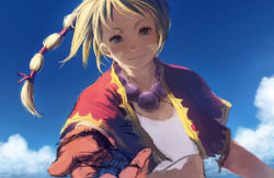 Rule 34 | 1girl, blonde hair, blue eyes, braid, chrono (series), chrono cross, facial mark, fooldx, highres, jewelry, kid (chrono cross), long hair, multi-tied hair, necklace, outstretched hand, sketch, smile, solo