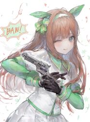 Rule 34 | 1girl, ;q, animal ears, black gloves, blue eyes, blunt bangs, brown hair, chinese commentary, commentary request, confetti, cowboy shot, ear covers, gloves, green hairband, gun, hairband, highres, holding, holding gun, holding weapon, horse ears, jacket, juliet sleeves, long hair, long sleeves, looking at viewer, one eye closed, puffy sleeves, qiqiqiqi, silence suzuka (umamusume), simple background, skirt, solo, standing, tongue, tongue out, umamusume, weapon, white background, white jacket, white skirt