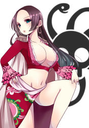 Rule 34 | 1girl, absurdres, black hair, blue eyes, boa hancock, breasts, cleavage, earrings, hand on own hip, highres, jewelry, legs, long hair, looking at viewer, midriff, navel, one piece, ruchia (l5milk), solo, thighs