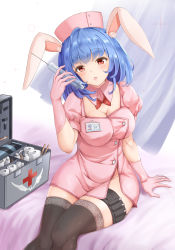 Rule 34 | 1girl, absurdres, animal ears, arm support, bandages, black thighhighs, blue hair, blush, breasts, cleavage, commentary request, cross, gloves, h yoruneko, hand up, hat, highres, holding, large breasts, looking at viewer, medium hair, nurse, nurse cap, open mouth, original, pink gloves, rabbit ears, red cross, red eyes, rubber gloves, solo, syringe, thighhighs