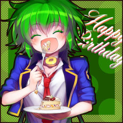 Rule 34 | 10s, 1girl, ^ ^, bad id, bad pixiv id, cake, closed eyes, eating, fang, female focus, food, green hair, happy birthday, minami (apricot tea), necktie, open mouth, police, police uniform, short hair, sleeves rolled up, solo, tantei opera milky holmes, uniform, zenigata tsugiko
