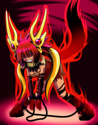 Rule 34 | 1girl, bent over, breasts, cleavage, fang, horns, monster girl, red eyes, red hair, slit pupils, solo, sumeshi, tail