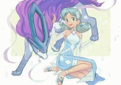 Rule 34 | 1girl, :d, aqua dress, aqua eyes, aqua hair, armpits, bare shoulders, breasts, choker, collarbone, creatures (company), dress, feet, full body, game freak, gen 2 pokemon, hair ornament, halter dress, halterneck, hand on another&#039;s head, happy, high heel sandals, high heels, kris (pokemon), kris (sygna suit) (pokemon), legendary pokemon, looking at viewer, medium hair, multicolored background, nintendo, official alternate costume, open mouth, pokemon, pokemon (creature), pokemon masters ex, sagemaru-br, sandals, shorts, shorts under dress, side slit, signature, sitting, small breasts, smile, suicune, toes, water drop, wrist cuffs