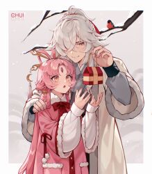 Rule 34 | 1boy, 1girl, blush, bow-shaped hair, box, chui art, couple, forehead jewel, fu xuan (honkai: star rail), fur-trimmed sleeves, fur trim, gift, gift box, hair ornament, hair over one eye, height difference, high ponytail, highres, holding, holding gift, honkai: star rail, honkai (series), jing yuan, long hair, low twintails, mole, mole under eye, parted bangs, pink hair, ponytail, smile, twintails, very long hair, white hair, winter, winter clothes, yellow eyes