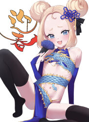 Rule 34 | 1girl, bare shoulders, black thighhighs, blonde hair, blue dress, blue eyes, blush, bridal gauntlets, china dress, chinese clothes, chinese zodiac, commentary request, double bun, dragon print, dress, elbow gloves, flat chest, folding fan, forehead, gloves, hair bun, hair ornament, hand fan, highres, inchore, looking at viewer, navel, open mouth, original, print dress, revealing clothes, ribs, simple background, sitting, smile, solo, thighhighs, white background, year of the dragon