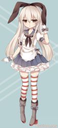 Rule 34 | 10s, 1girl, adapted costume, apron, bad id, bad pixiv id, blonde hair, boots, brown eyes, gloves, grey footwear, highres, kantai collection, maid, maid apron, personification, shimakaze (kancolle), solo, striped clothes, striped thighhighs, thighhighs, tsukikage nemu