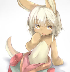 Rule 34 | 1girl, :d, animal ears, arm behind back, arm support, claws, fang, furry, furry female, hand on own face, looking at viewer, made in abyss, nanachi (made in abyss), navel, neko pachi, open mouth, rabbit ears, red pupils, short hair, smile, solo, tail, topless, whiskers, white hair, yellow eyes