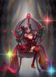Rule 34 | 1girl, black ribbon, blue eyes, boots, breasts, brown hair, cleavage, detached sleeves, dress, fate/grand order, fate (series), female focus, formal, full body, hair ribbon, high heel boots, high heels, highres, kyoungi nyang, large breasts, long hair, looking at viewer, red dress, red footwear, ribbon, sitting, smile, solo, thigh boots, thighhighs, tohsaka rin, tohsaka rin (formalcraft), type-moon