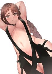 Rule 34 | 1girl, angry, armpits, arms behind head, arms up, bad id, bad twitter id, bare shoulders, black collar, black dress, black gloves, blush, braid, breasts, breasts apart, brown eyes, brown hair, center opening, choker, closed mouth, collar, collarbone, yu mei-ren (fate), dress, dutch angle, ear piercing, elbow gloves, fate/grand order, fate (series), gloves, highres, hip focus, long hair, looking at viewer, medium breasts, navel, piercing, revealing clothes, sikijou77o, simple background, narrow waist, solo, solo focus, strapless, strapless dress, very long hair, wavy mouth, white background
