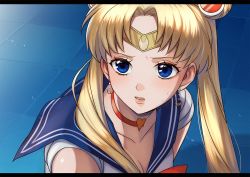 Rule 34 | 1girl, azami datto, bad id, bad pixiv id, bishoujo senshi sailor moon, blonde hair, blue eyes, blue sailor collar, breasts, choker, cleavage, collarbone, commentary request, crescent, crescent earrings, derivative work, diadem, double bun, earrings, hair bun, heart, heart choker, highres, jewelry, letterboxed, lips, long hair, meme, red choker, sailor collar, sailor moon, sailor moon redraw challenge (meme), sailor senshi, sailor senshi uniform, screenshot redraw, solo, tsukino usagi, twintails, upper body