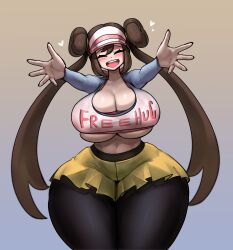 Rule 34 | 1girl, absurdres, blush, breast expansion, breasts, closed eyes, cowboy shot, creatures (company), curvy, dot nose, female focus, game freak, gipehtyboo, hat, highres, huge breasts, incoming hug, long hair, midriff, nintendo, outstretched arms, pantyhose, pokemon, pokemon bw2, rosa (pokemon), smile, solo, standing, twintails, underboob, wide hips