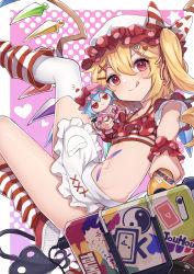 Rule 34 | absurdres, blonde hair, bow, character doll, crystal, crystal wings, flandre scarlet, fumo (doll), hako momiji, hat, heart ribbon, highres, internet survivor, mob cap, multicolored bow, one side up, polka dot, polka dot skirt, red eyes, remilia scarlet, skirt, slit pupils, socks, striped clothes, striped socks, touhou, toy, wings