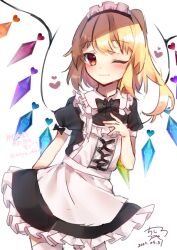 Rule 34 | 1girl, apron, black bow, black bowtie, blonde hair, blush, bow, bowtie, chisiro unya (unya draw), closed mouth, cowboy shot, crystal wings, flandre scarlet, heart, maid, maid apron, maid headdress, one eye closed, red eyes, simple background, solo, touhou, white background