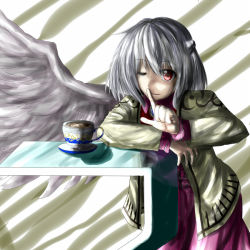 Rule 34 | 1girl, ao-shiba, cup, finger to mouth, jacket, kishin sagume, one eye closed, open clothes, open jacket, red eyes, single wing, solo, teacup, touhou, white hair, wings