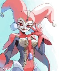 Rule 34 | 1girl, bodysuit, breasts, chrono cross, commentary request, facepaint, gloves, harem pants, harlequin, hat, jester cap, leotard, looking at viewer, nanpou (nanpou0021), pants, pom pom (clothes), red eyes, red gloves, red leotard, smile, solo, tassel, harle (chrono cross)