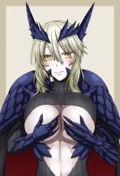 Rule 34 | 1girl, armor, artoria pendragon (fate), artoria pendragon (lancer alter) (fate), blonde hair, blush, breasts, cleavage, fate/grand order, fate (series), frown, hand on own chest, hasebe akira, highres, huge breasts, navel, nipples, paizuri invitation, smile, solo, stomach, toned, torn clothes, underboob, yellow eyes