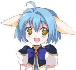 Rule 34 | 00s, 1girl, animal ears, bad id, bad pixiv id, blue hair, cat ears, child, dress, galaxy angel, looking at viewer, mint blancmanche, namori, open mouth, puffy sleeves, ribbon, short dress, short hair, simple background, smile, solo, uniform, white background, yellow eyes