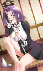 Rule 34 | 10s, 1girl, alcohol, bare legs, black gloves, blush, breasts, choko (cup), cleavage, cup, dress, gloves, halo, highres, kantai collection, large breasts, licking, mechanical halo, open mouth, purple hair, red eyes, ren san, sake, school uniform, short dress, short hair, sitting, solo, tatsuta (kancolle), tokkuri, tongue, tongue out