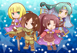 2boys 2girls aqua_hair blonde_hair blue_background blue_headband blue_jacket boots bowl_cut brother_and_sister brown_boots brown_eyes brown_hair chibi cloak felix_(golden_sun) golden_sun green_cloak green_eyes green_pants green_tunic headband jacket jenna_(golden_sun) kwkmm0wc light_smile long_hair low_ponytail multiple_boys multiple_girls one_eye_closed pants piers_(golden_sun) pink_tunic ponytail purple_sash robe sash sheba_(golden_sun) siblings sword tunic weapon white_robe