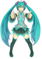 Rule 34 | 1girl, aqua eyes, aqua hair, black thighhighs, blush, detached sleeves, foreshortening, hatsune miku, long hair, looking at viewer, outstretched arms, simple background, skirt, smile, solo, thighhighs, thumbs up, twintails, very long hair, vocaloid, white background, yuuji (and)
