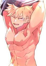 Rule 34 | 1boy, abs, absurdres, armpits, arms behind head, arms up, bakugou katsuki, bare pectorals, blonde hair, boku no hero academia, highres, light rays, looking at viewer, male focus, multiple scars, muscular, muscular male, nipples, nude, one eye closed, open mouth, pectorals, red eyes, scar, scar on chest, scar on stomach, short hair, smile, solo, teeth, tongue, undressing, upper body, v-shaped eyebrows, white background, yazaki (yazakc)