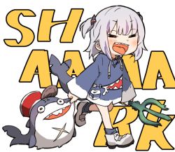 Rule 34 | 1girl, amonitto, animal costume, animal hood, blue hoodie, blunt bangs, blush, closed eyes, commentary request, english text, fins, fish tail, gawr gura, hair ornament, holding, hololive, hololive english, hood, hoodie, long hair, long sleeves, medium hair, open mouth, polearm, shark costume, shark girl, shark hair ornament, shark hood, shark tail, sharp teeth, shoes, sleeves past wrists, smile, sneakers, tail, teeth, trident, two side up, virtual youtuber, weapon, white footwear, white hair, wide sleeves