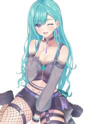 Rule 34 | 1girl, absurdres, aqua hair, bare shoulders, black skirt, breasts, choker, cleavage, collarbone, dress, earrings, finger to mouth, fishnets, highres, jewelry, long hair, looking at viewer, medium breasts, midriff, nakano kura, navel, off-shoulder dress, off shoulder, one eye closed, open mouth, purple eyes, sitting, skirt, smile, solo, thigh strap, virtual youtuber, vspo!, yakumo beni