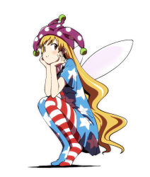 Rule 34 | 1girl, american flag dress, american flag legwear, blonde hair, c:, clownpiece, dress, duntv, fairy wings, full body, hat, head rest, jester cap, long hair, looking at viewer, neck ruff, pantyhose, polka dot, red eyes, short dress, short sleeves, simple background, smile, solo, squatting, star (symbol), star print, striped clothes, striped pantyhose, tiptoes, touhou, very long hair, white background, wings