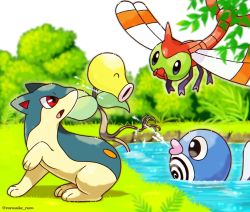 Rule 34 | ^ ^, artist name, bellsprout, black eyes, blue eyes, bug, bush, chromatic aberration, closed eyes, closed mouth, creatures (company), day, dragonfly, closed eyes, from side, full body, game freak, gen 1 pokemon, gen 2 pokemon, grass, happy, bug, looking at another, looking up, nintendo, open mouth, outdoors, outline, pokemon, pokemon (creature), poliwag, profile, quilava, red eyes, rorosuke, sideways mouth, sitting, soaking feet, squirting liquid, twitter username, water, watermark, yanma