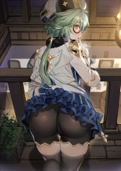 Rule 34 | 1girl, animal ears, ass, back, black shorts, blue skirt, cat ears, clothes lift, deras, finger to mouth, genshin impact, glasses, green hair, grey thighhighs, hat, highres, huge ass, index finger raised, jacket, long hair, long sleeves, looking at viewer, looking back, parted lips, ponytail, shorts, shushing, skirt, skirt lift, solo, sucrose (genshin impact), thick thighs, thighhighs, thighs, white jacket, yellow eyes